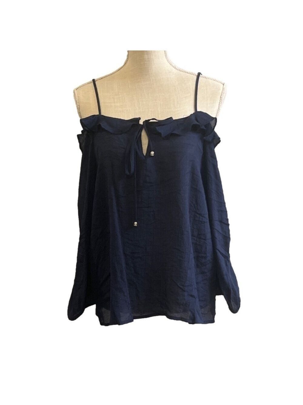 NWT Active USA Cold Shoulder Navy Shirt. Ruffle around the top. Size Large